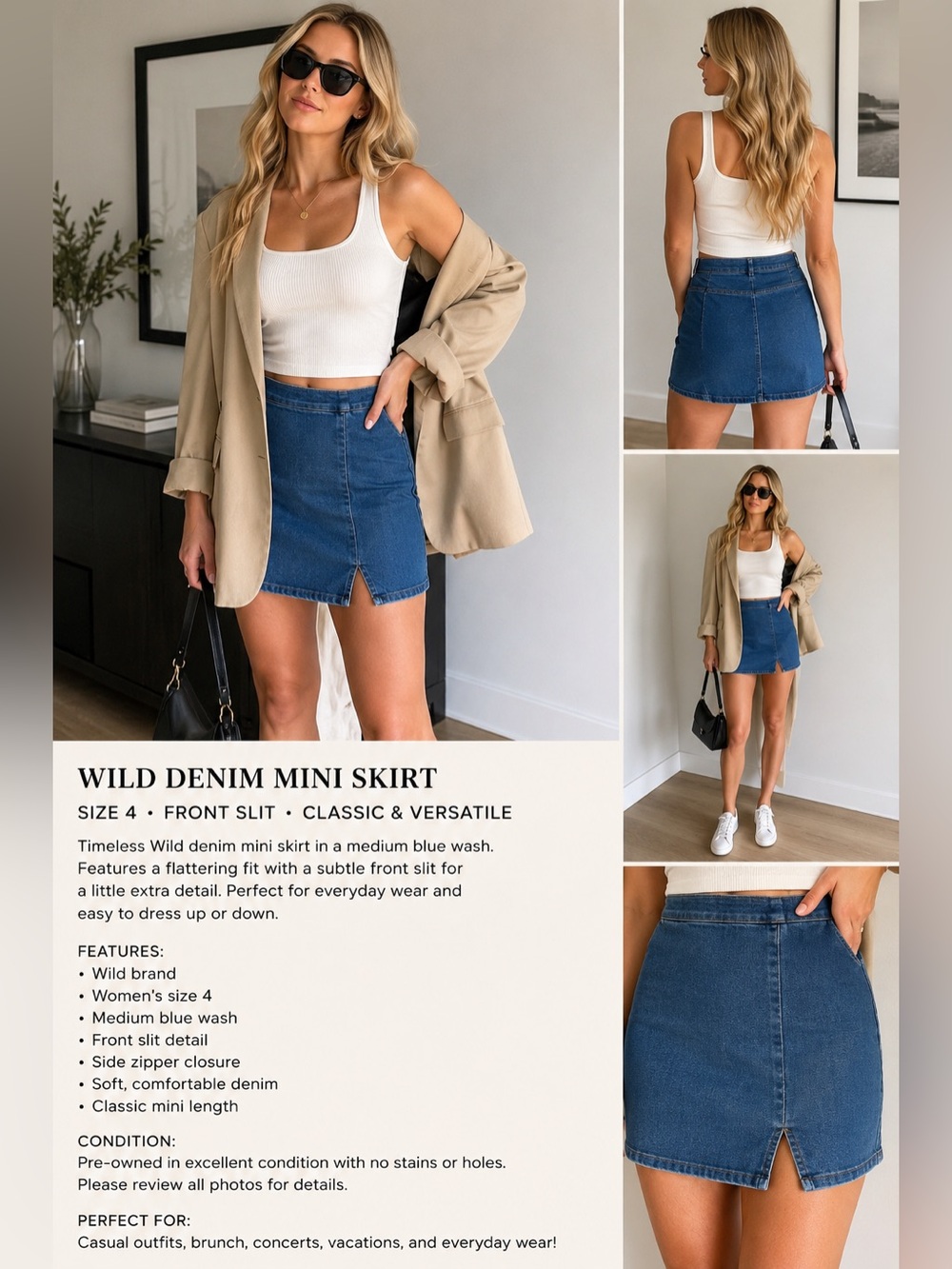 Wild Denim Mini Skirt Women’s Size 4 Blue Front Slit Stretch Jean Skirt Y2K